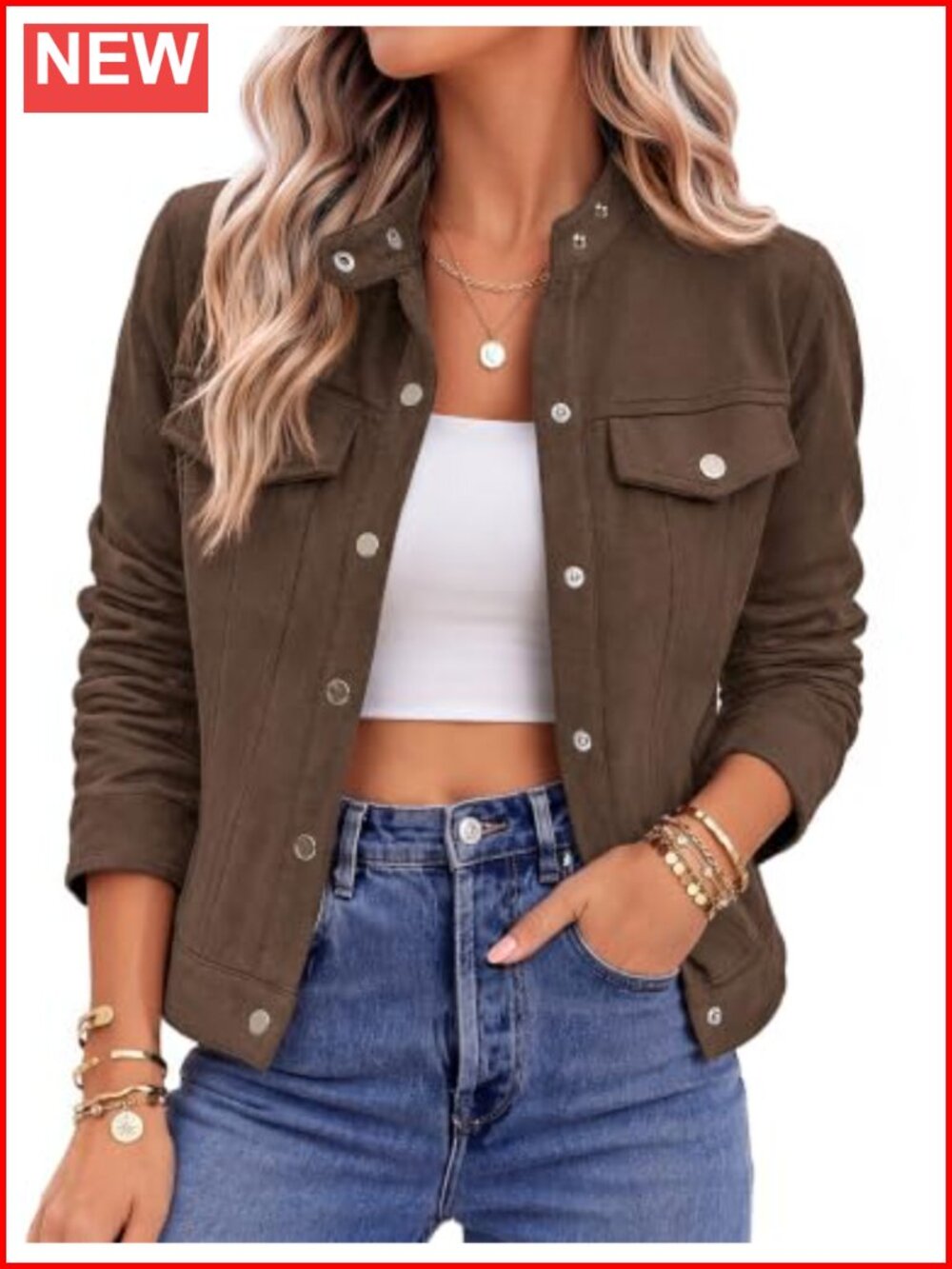 Faux Suede Cropped Jacket Women Trendy Fall Coat Lapel Snap Buttons